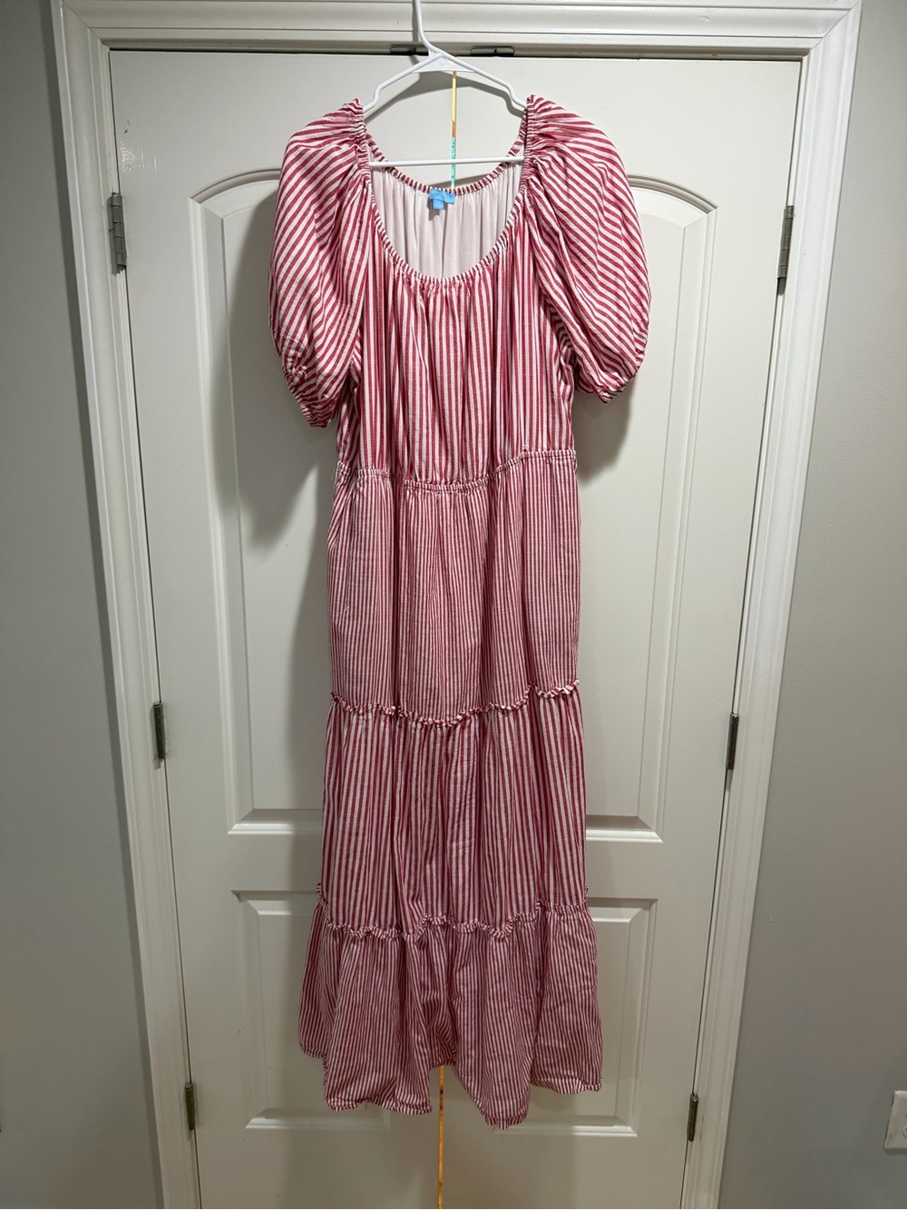 Draper James Red and White Striped Maxi Dress with Puff Sleeves